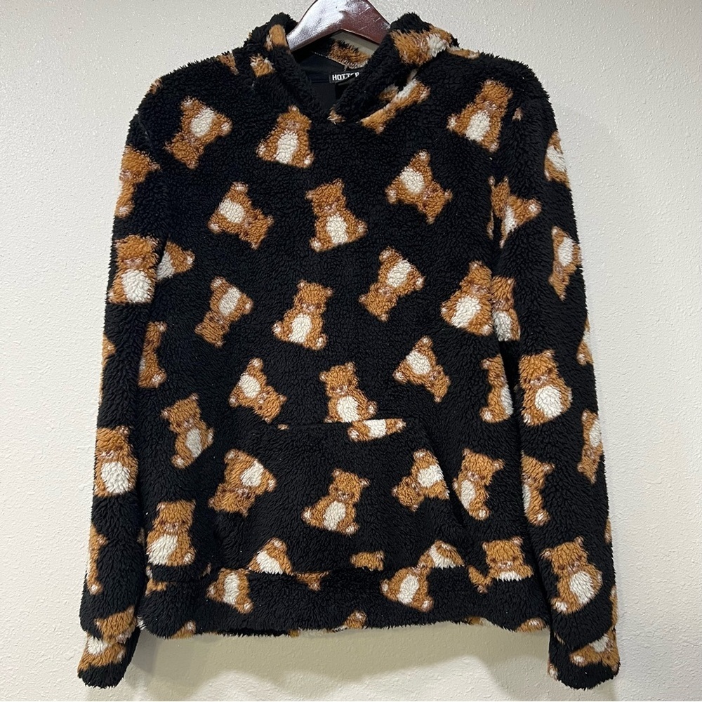 Hot Topic Teddy Bear Sherpa Hoodie Black Long Sleeve Ears Kangaroo Size Small